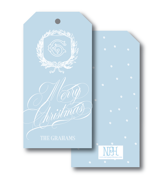 Soft Blue Bow Crest Holiday Gift Tag