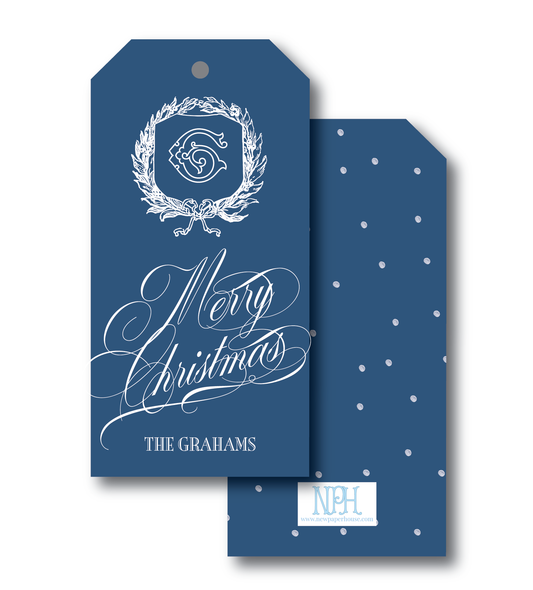 French Blue Bow Crest Holiday Gift Tag