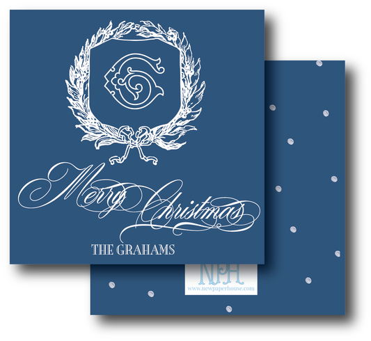 French Blue Bow Crest Script Enclosure Card