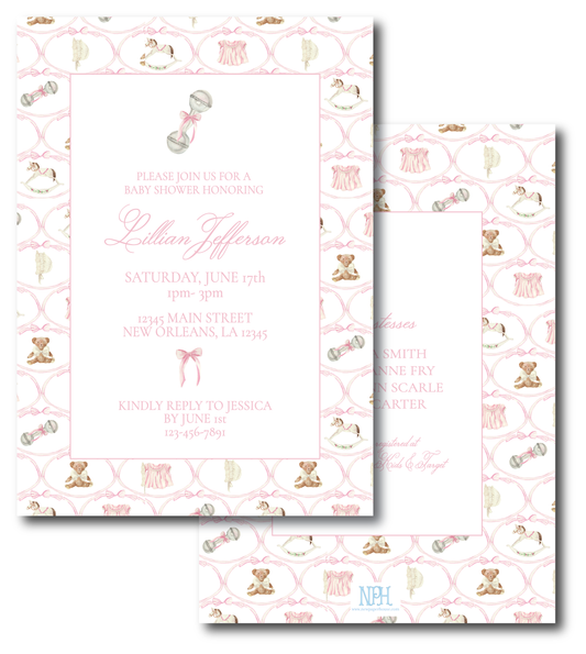 Heirloom Baby Shower Invitation - Pink- VARIOUS OPTIONS (see pictures, monogram, bear, rocking horse, pink dress)