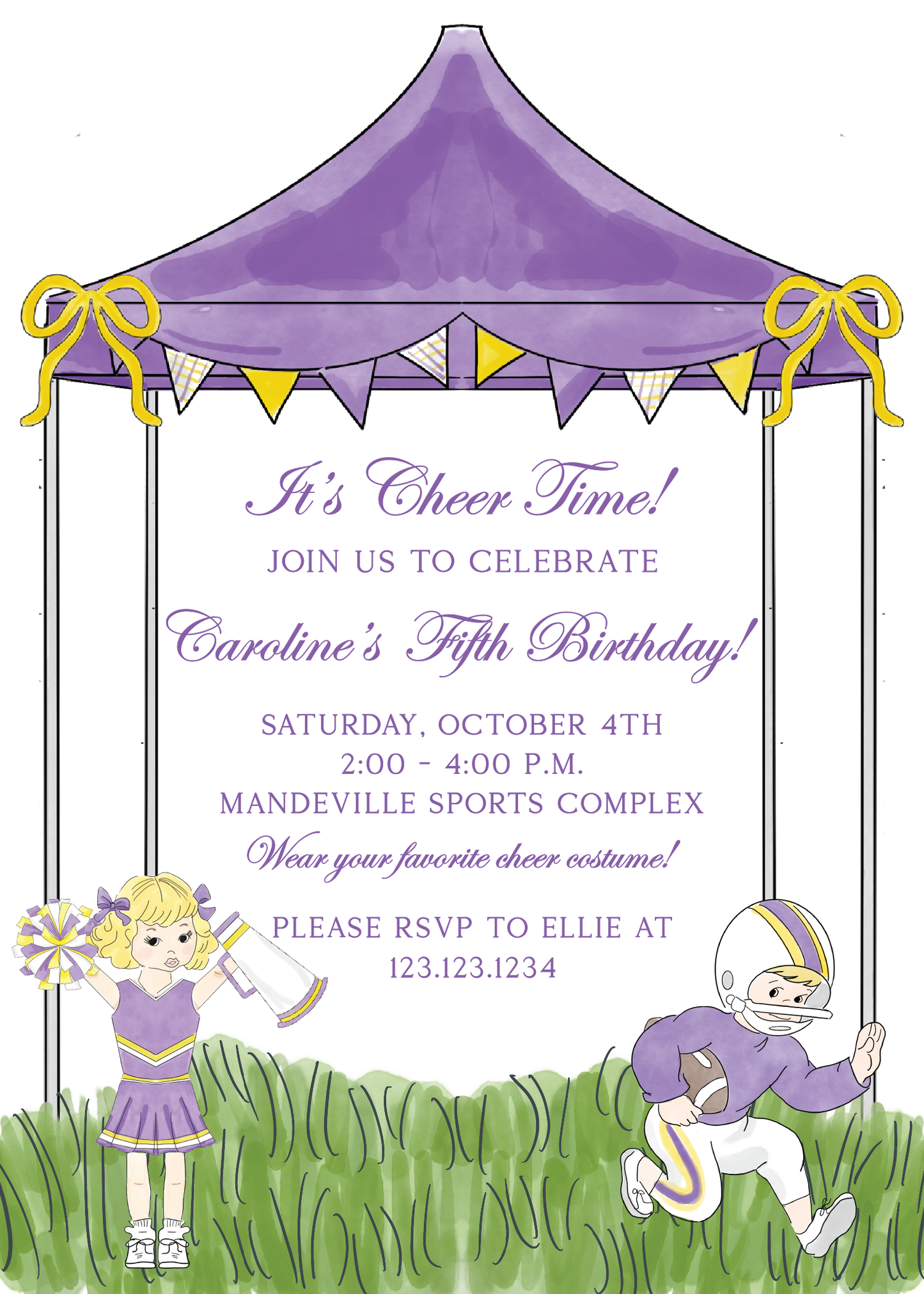 LSU Cheer Birthday Party Invitation (Customize Cheerleader Hair Color)