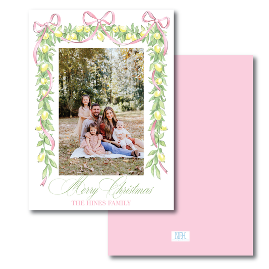 Pink Bow Lemon Garland Holiday Card