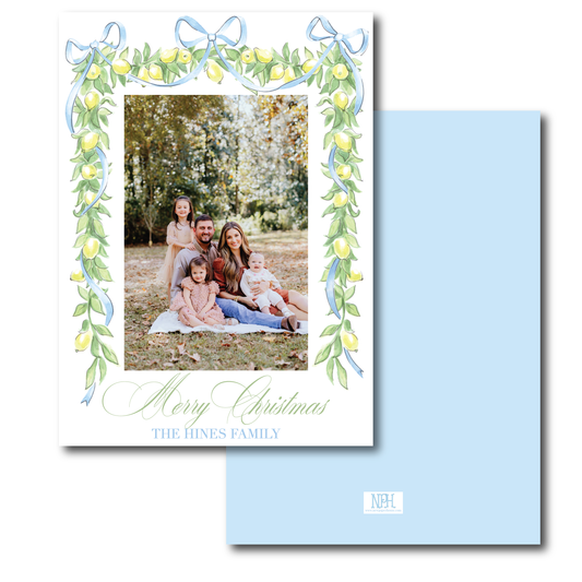 Blue Bow Lemon Garland Holiday Card