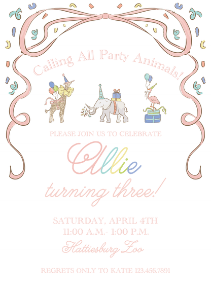 Pink Spring Party Animals Birthday Invitation