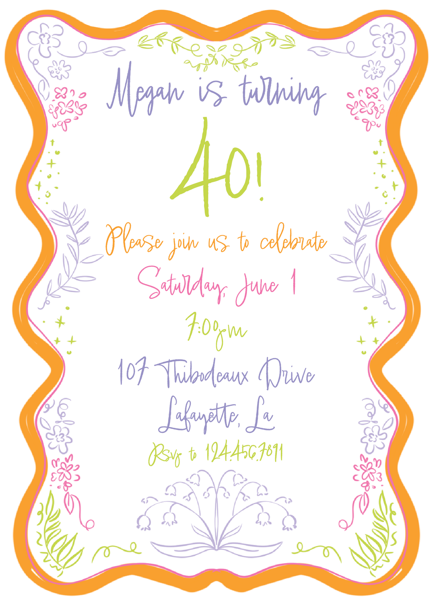 Floral Wavy Frame Border Birthday Invitation