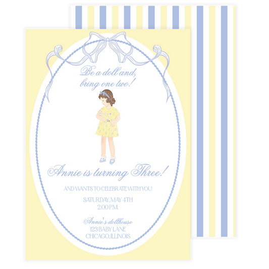 Girl with Doll Yellow & Blue Birthday Invitation