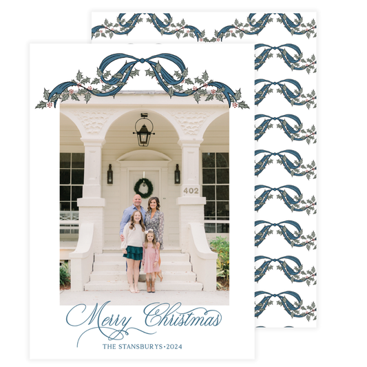 Deep Teal Bow Holly Garland Holiday Card (Copy)