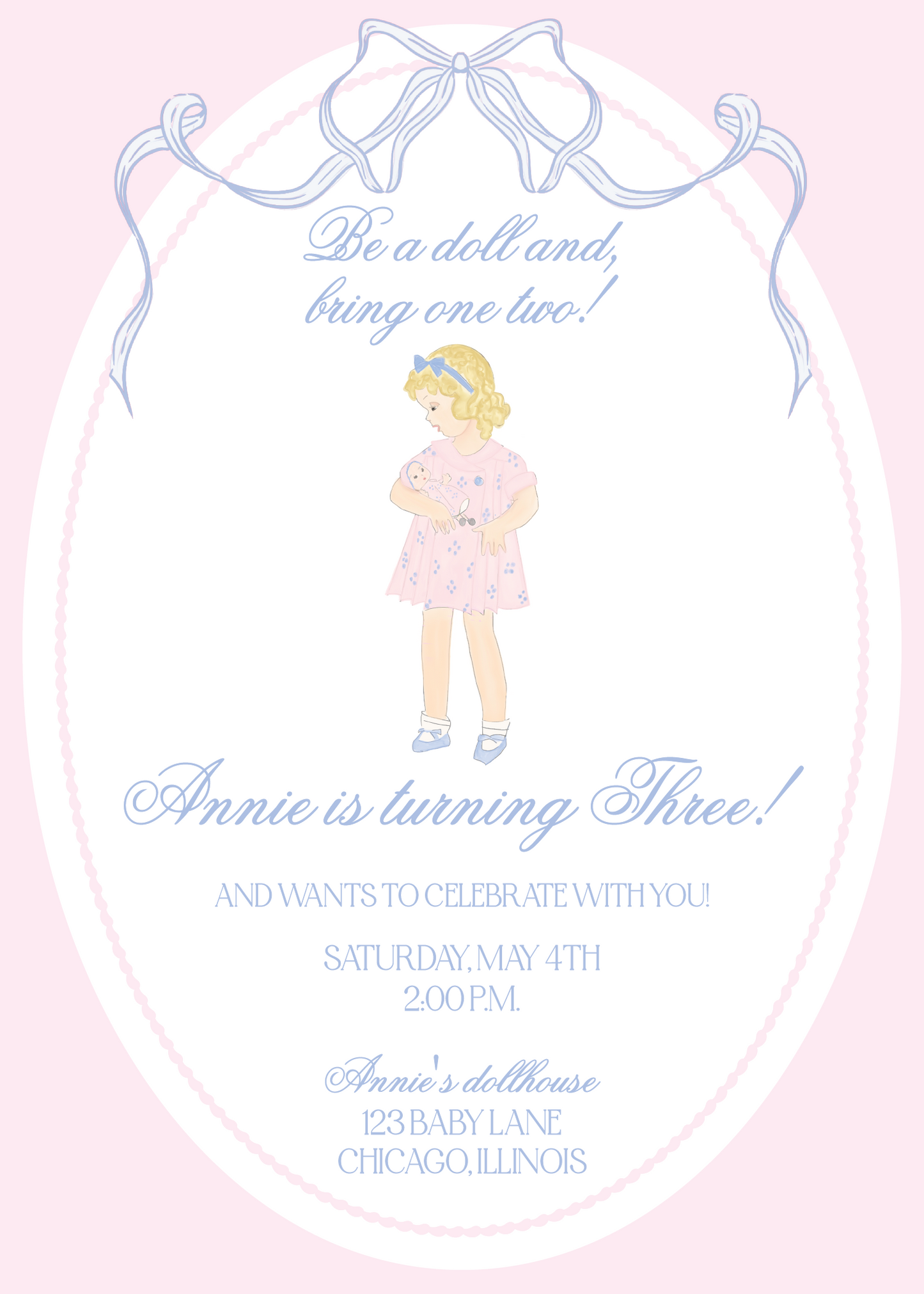 Girl with Doll Pink & Blue Birthday Invitation