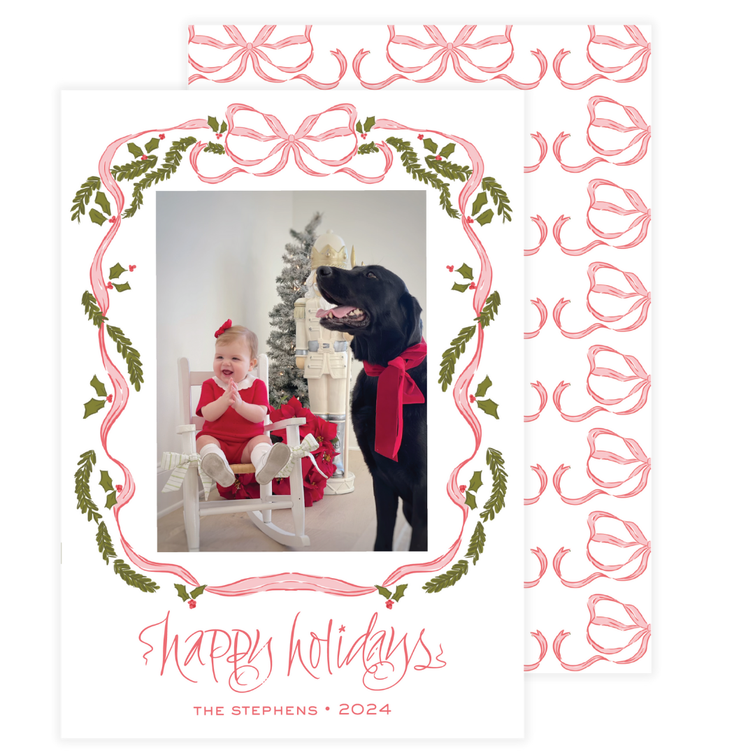 Pink Bow Mistletoe Frame Holiday Card