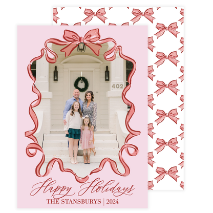 Red & Pink Tulle Wavy Bow Frame Holiday Card