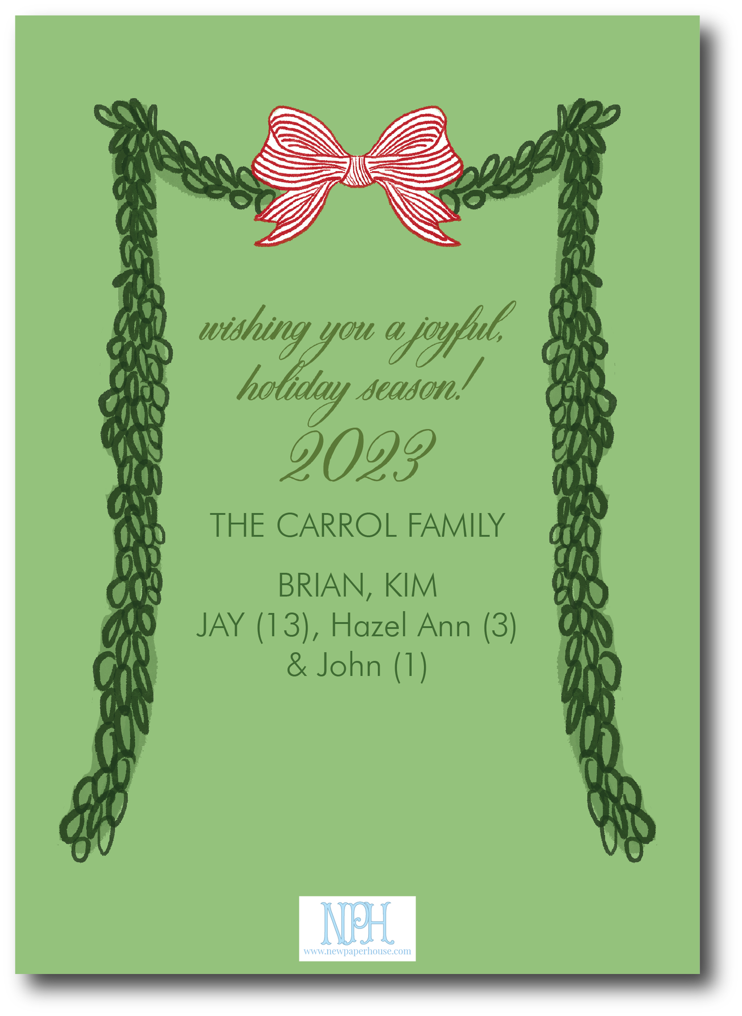 Green Garland with Red Bow Holiday Card