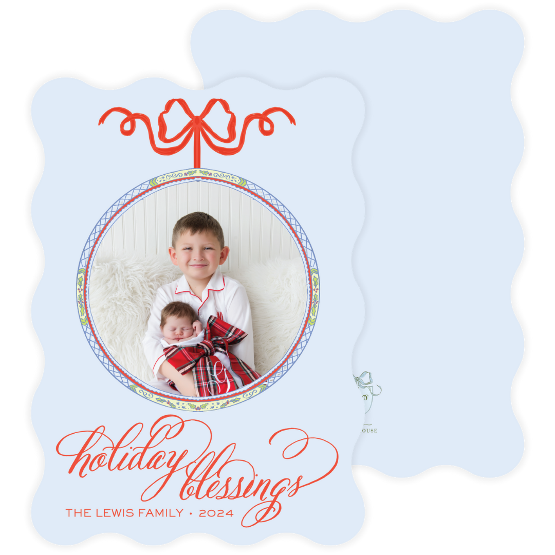 Circle Holiday Frame Blue Wavy Die Cut Holiday Card