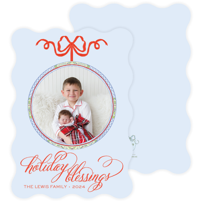 Circle Holiday Frame Blue Wavy Die Cut Holiday Card