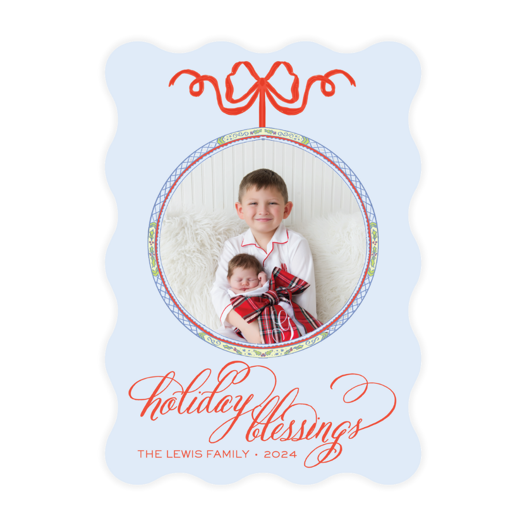 Circle Holiday Frame Blue Wavy Die Cut Holiday Card