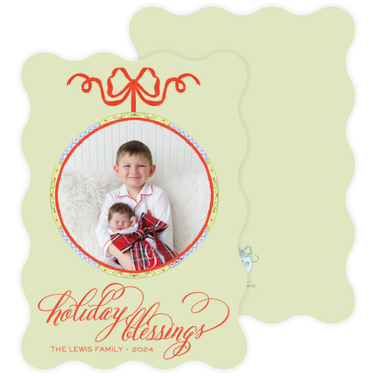 Circle Holiday Frame Green Wavy Die Cut Holiday Card