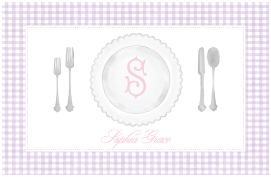 Purple Gingham Placemat Laminated Scallop Plate Monogram Personalized